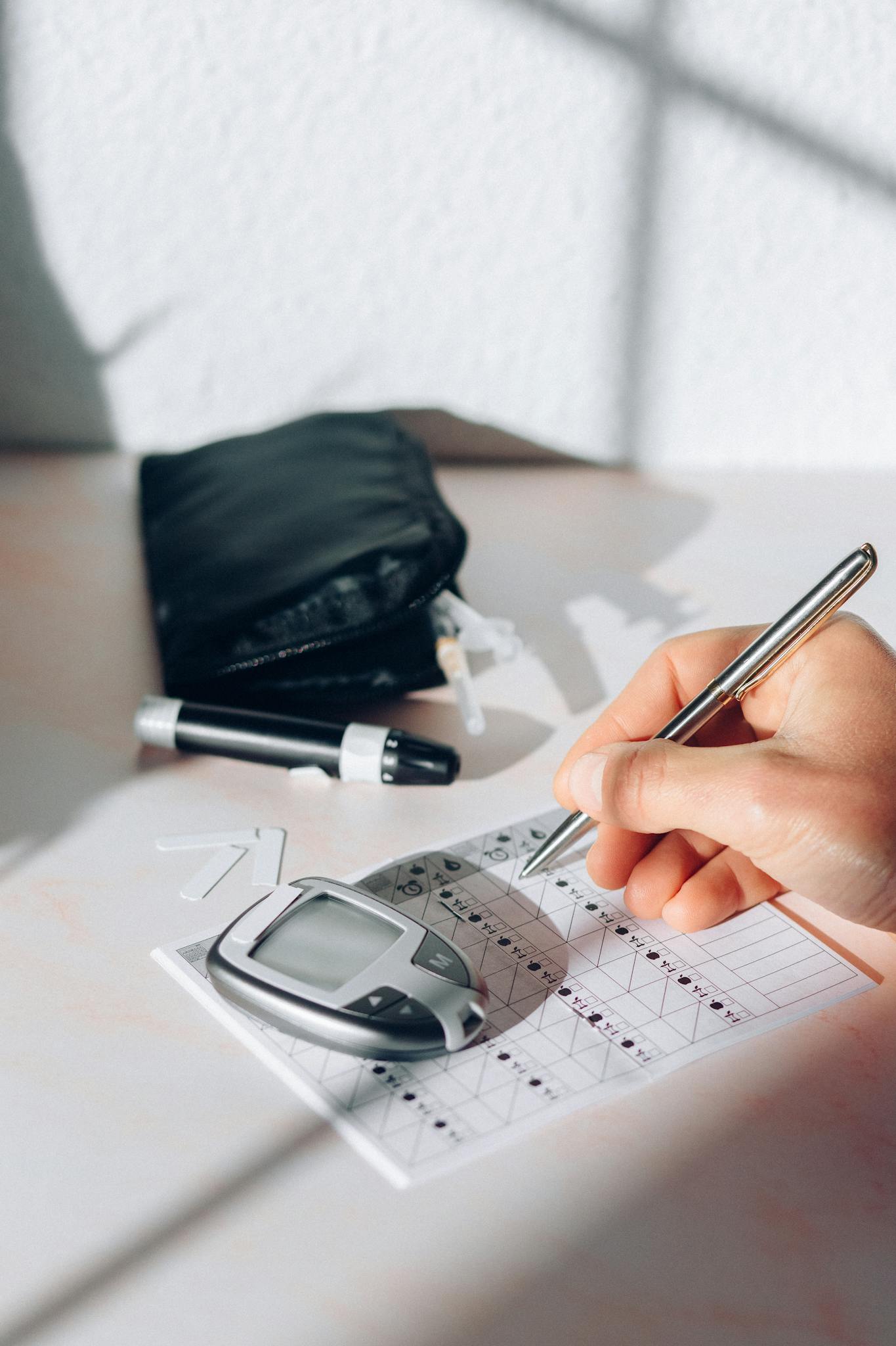 Person recording glucose levels with a diabetes testing kit on a desk.
